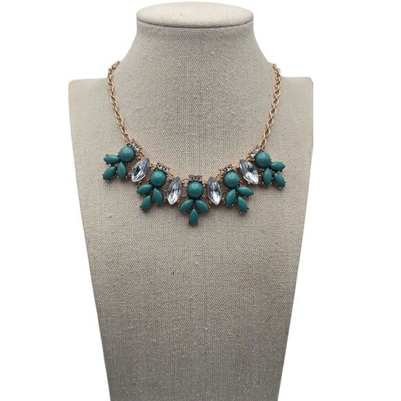etc! Gold Tone Faux Jewels Blue Tones Statement Stylish Necklace - Picture 1 of 7